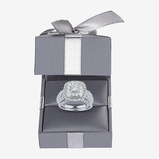 (H-I / Si1-Si2) Womens 1 CT. T.W. Lab Grown White Diamond 10K or 14K Gold Cushion Halo Bridal Set