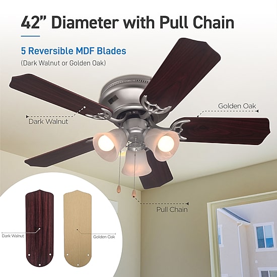 Commercial Cool 42” Contemporary Ceiling Fan With Lights Cools Up To 175Sq Ft With Dual Chain/Reversible Blades