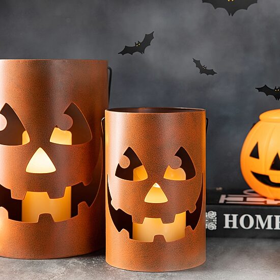 Glitzhome Set Of 2 Halloween Jack O Lantern Bucket Tabletop Decor