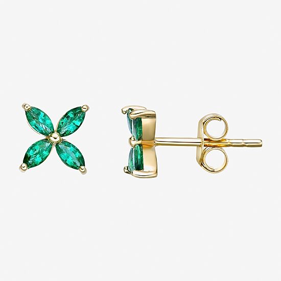 Lab Created Green Emerald 18K Gold Over Silver 7.5mm Flower Stud Earrings
