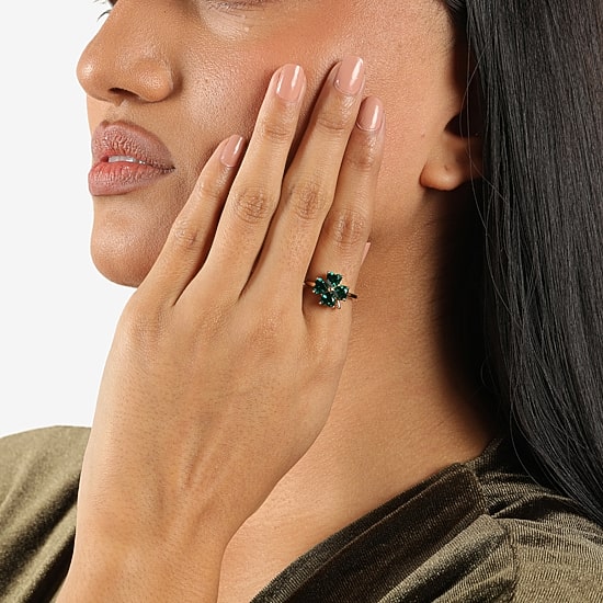 Womens Lab Created Green Emerald 18K Gold Over Silver Flower Cocktail Ring