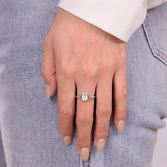 Womens Diamond Accent Lab Created White Sapphire Sterling Silver Claddagh Claddagh Cocktail Ring