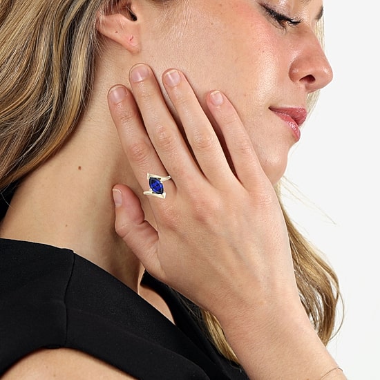 Womens Lab Created Blue Sapphire 18K Gold Over Silver Marquise Cocktail Ring