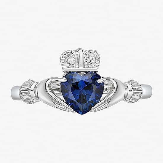 Womens Diamond Accent Lab Created Blue Sapphire Sterling Silver Claddagh Claddagh Cocktail Ring