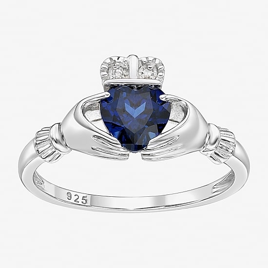 Womens Diamond Accent Lab Created Blue Sapphire Sterling Silver Claddagh Claddagh Cocktail Ring
