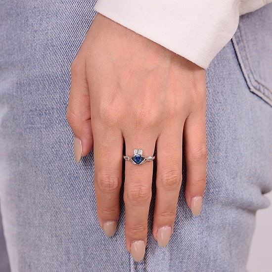 Womens Diamond Accent Lab Created Blue Sapphire Sterling Silver Claddagh Claddagh Cocktail Ring