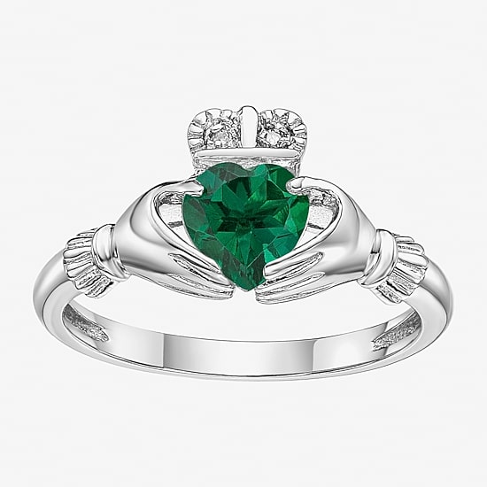 Womens Diamond Accent Lab Created Green Emerald Sterling Silver Claddagh Claddagh Cocktail Ring