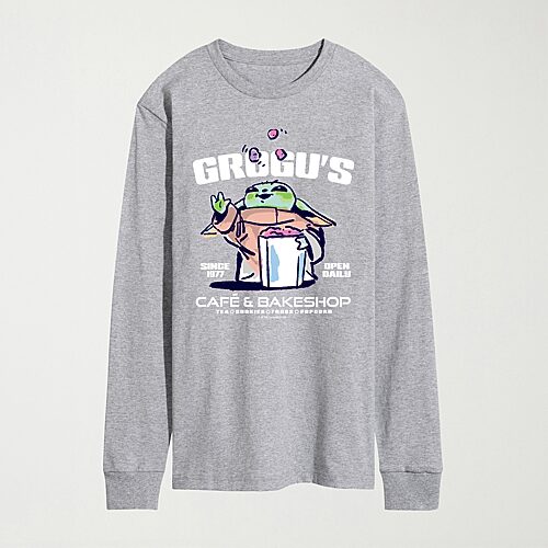 Novelty The Mandalorian And Grogu Cafe Bakeshop Mens Crew Neck Long Sleeve Regular Fit Baby Yoda Star Wars Graphic T-Shirt, Xx-large, Gray
