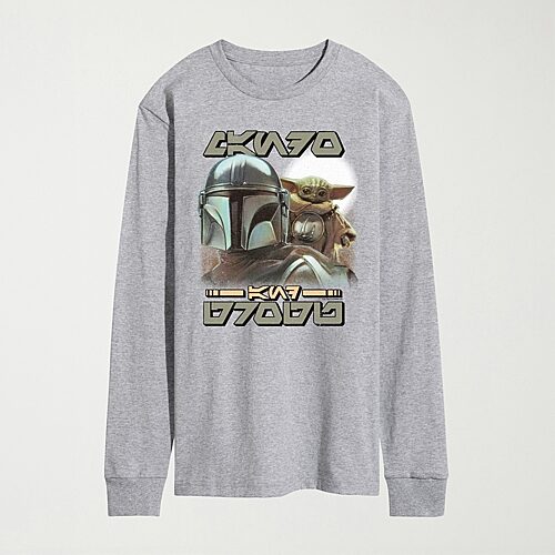 Novelty The Mandalorian And Grogu Aurebesh Alien Script Mens Crew Neck Long Sleeve Regular Fit Baby Yoda Star Wars Graphic T-Shirt, Medium, Gray