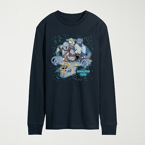 Novelty The Mandalorian And Grogu Collage Mens Crew Neck Long Sleeve Regular Fit Baby Yoda Star Wars Graphic T-Shirt, Small, Blue