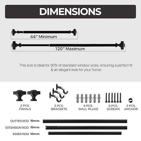 Deco Window Square 1 IN Adjustable Curtain Rod