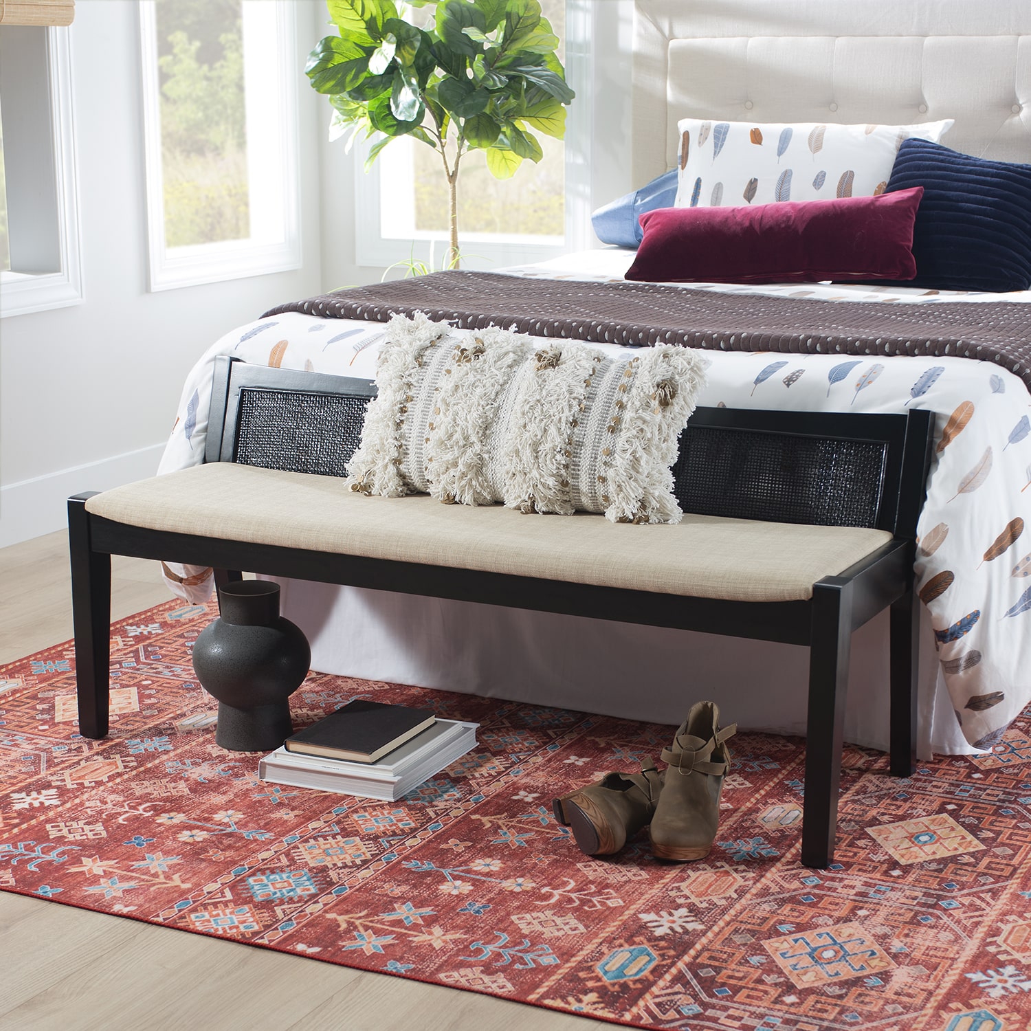 Linon Bauer Cane Bench Black