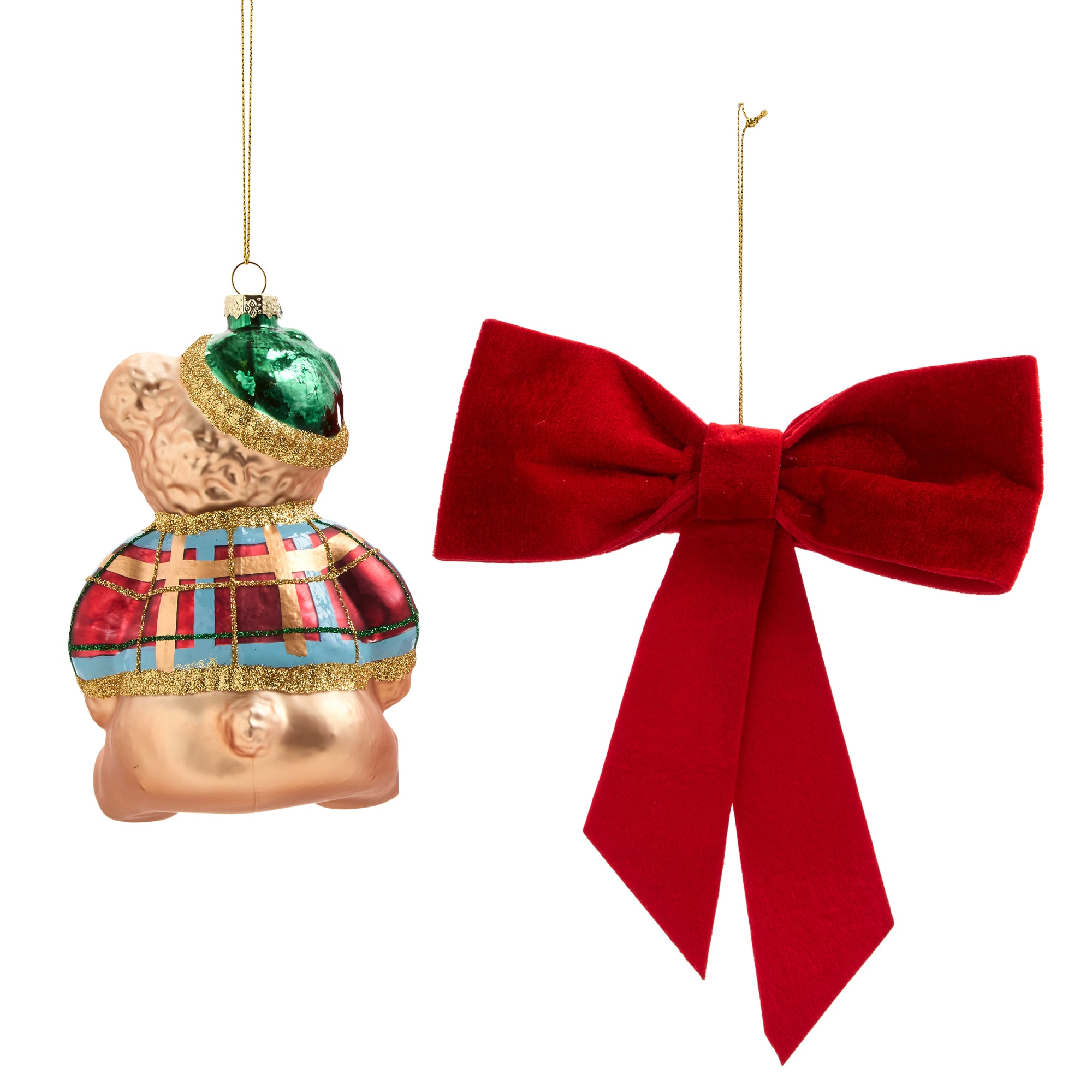 North Pole Trading Co. St Plaid Teddy Bear And Velvet Pearl Bow 2-pc. Christmas Ornament