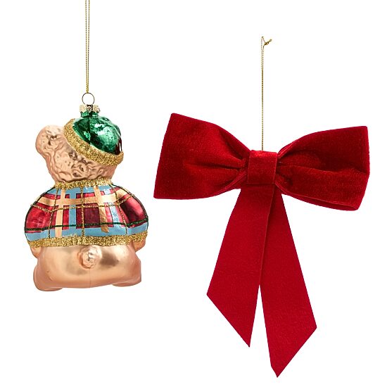 North Pole Trading Co. St Plaid Teddy Bear And Velvet Pearl Bow 2-pc. Christmas Ornament