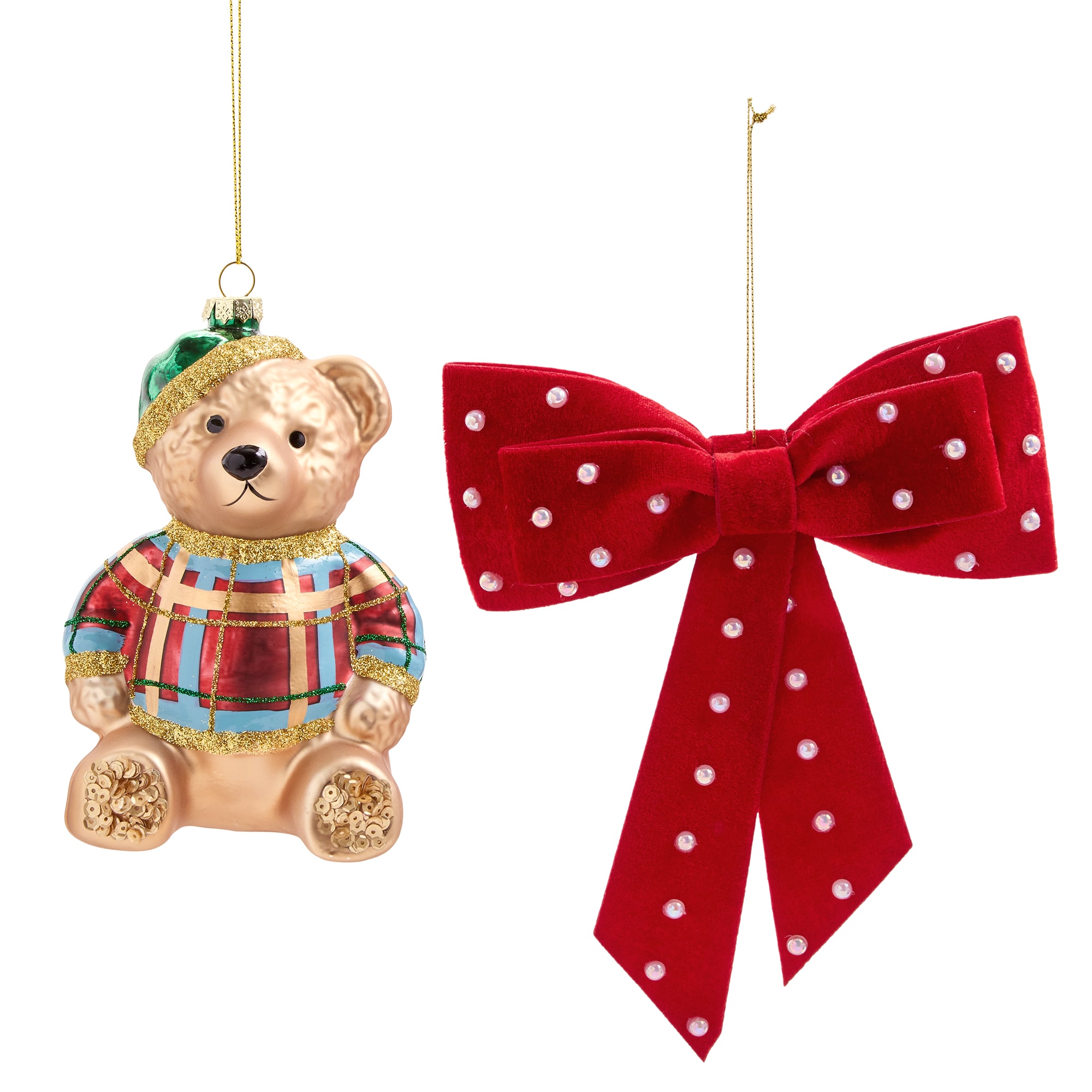 North Pole Trading Co. St Plaid Teddy Bear And Velvet Pearl Bow 2-pc. Christmas Ornament