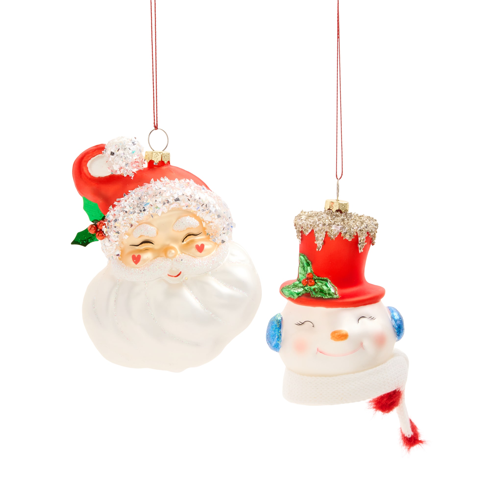 North Pole Trading Co. St Vintage Santa Head And Snowman 2-pc. Christmas Ornament