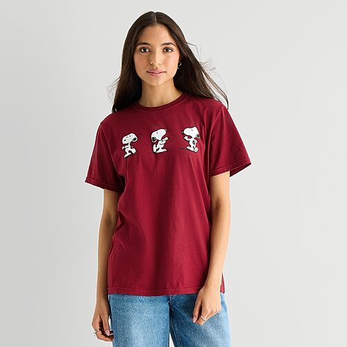 Grayson Threads, The Label Snoopy Boyfriend Tee Womens Juniors Crew Neck Short Sleeve Loose Fit Snoopy Graphic T-shirt In Red