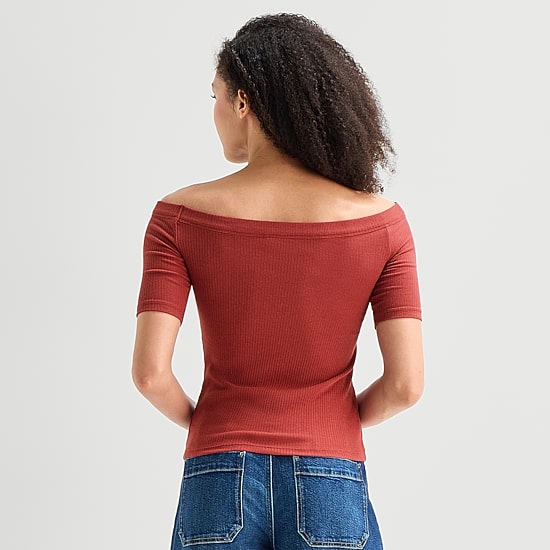 a.n.a Ribbed Off The Shoulder Womens Straight Neck Short Sleeve Blouse