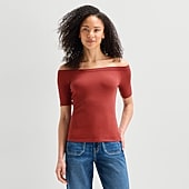 a.n.a Ribbed Off The Shoulder Womens Straight Neck Short Sleeve Blouse