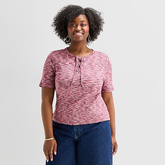 A.N.A Womens Plus Split Tie Neck Short Sleeve T-Shirt
