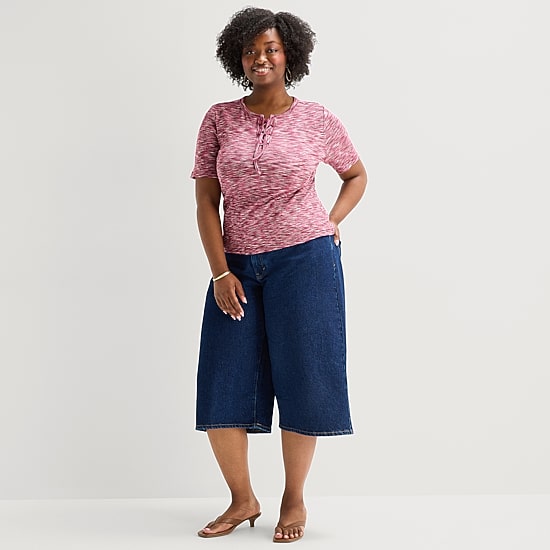 A.N.A Womens Plus Split Tie Neck Short Sleeve T-Shirt
