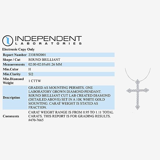 (H / Si2) Womens 1 CT. T.W. Lab Grown White Diamond 10K Gold Cross 18 Inch Pendant Necklace