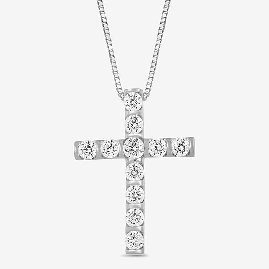 Womens 1 CT. T.W. Lab Grown White Diamond 10K Gold Cross 18 Inch Pendant Necklace