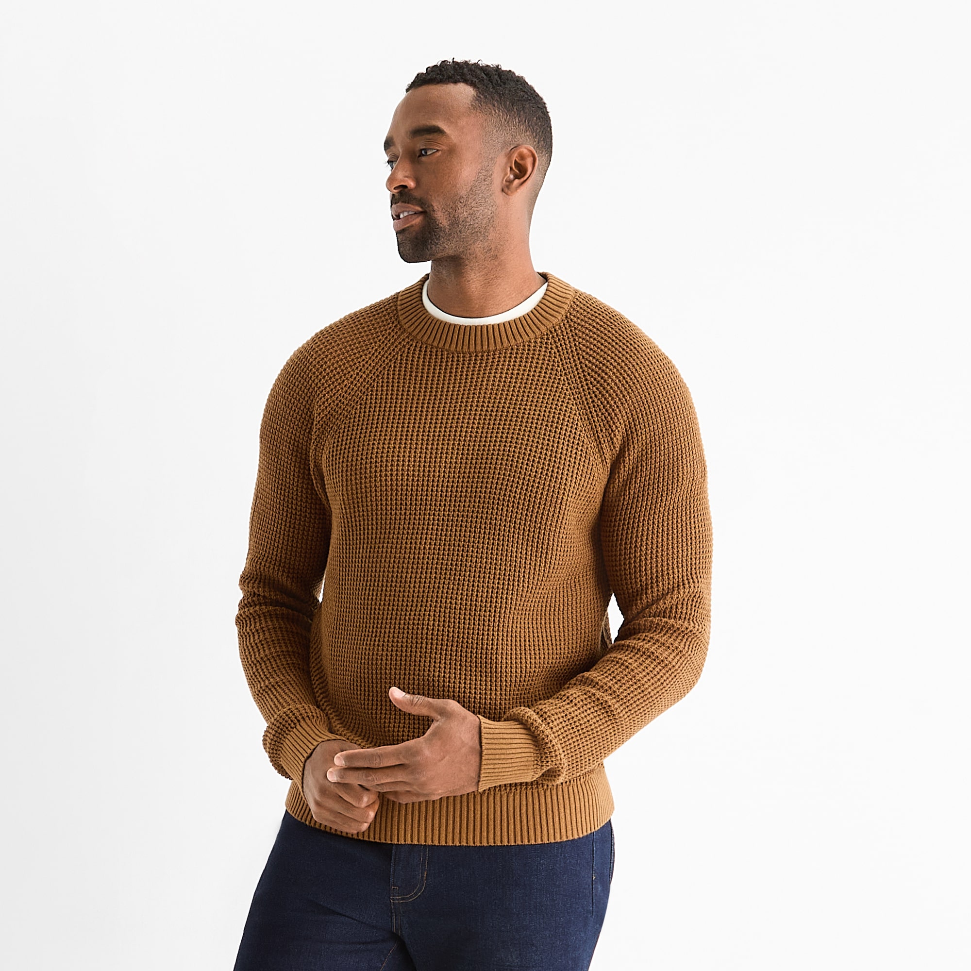 St. John's Bay Raglan Waffle Mens Crew Neck Long Sleeve Pullover Sweater