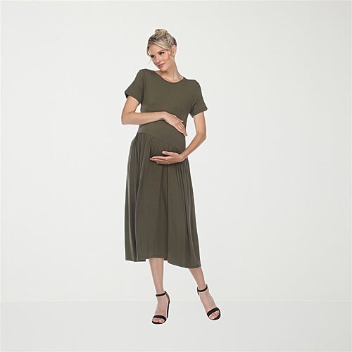 White Mark Womens Maternity Crew Neck Short Sleeve Fitted Maxi Dress, Large, Green