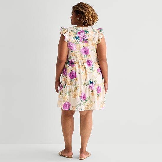 Sandra Darren Womens Plus V Neck Sleeveless Flutter Floral Fit + Flare Dress