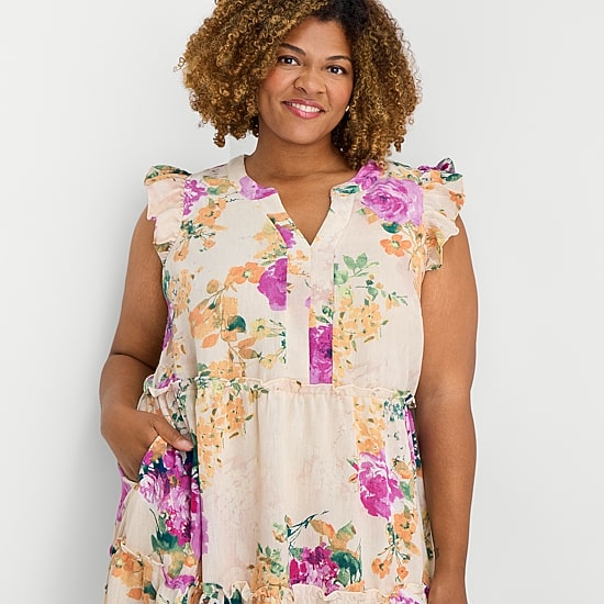 Sandra Darren Womens Plus V Neck Sleeveless Flutter Floral Fit + Flare Dress
