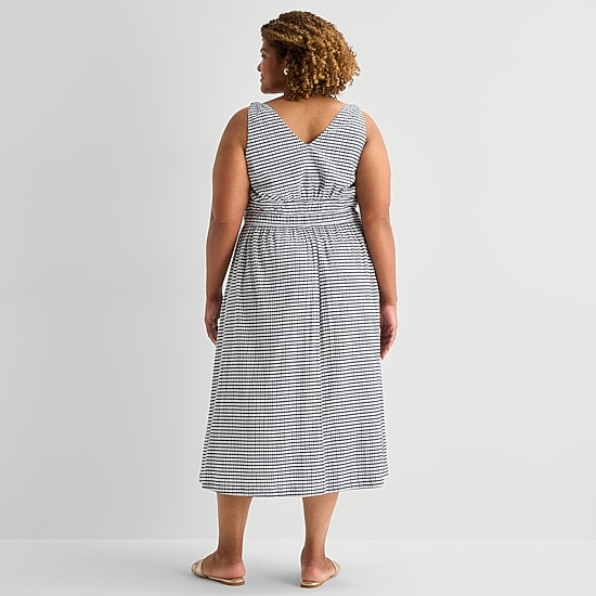 5th + Madison Edit Womens Plus Midi V Neck Sleeveless Plaid Fit + Flare Dress