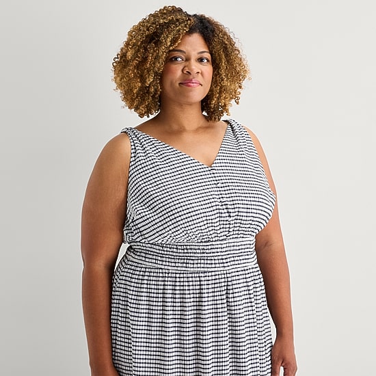 5th + Madison Edit Womens Plus Midi V Neck Sleeveless Plaid Fit + Flare Dress