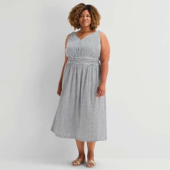 5th + Madison Edit Womens Plus Midi V Neck Sleeveless Plaid Fit + Flare Dress