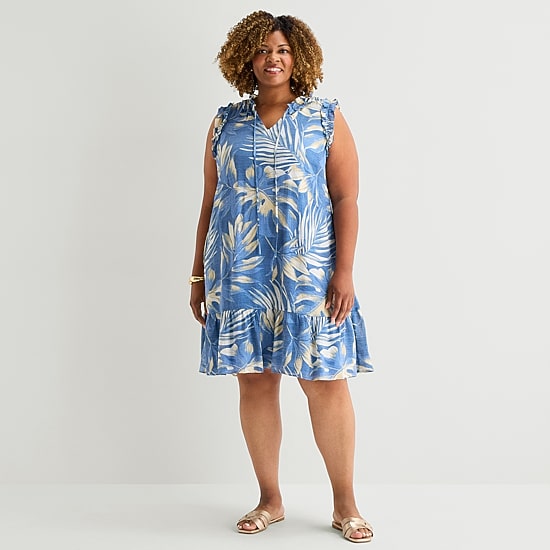 Sandra Darren Womens Plus V Neck Sleeveless Floral Shift Dress