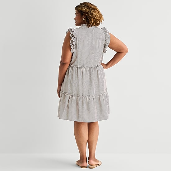 5th + Madison Edit Womens Plus Sleeveless Striped Shirt Dress