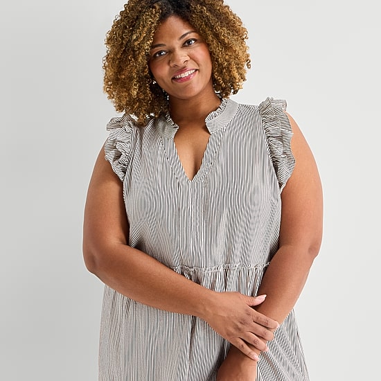 5th + Madison Edit Womens Plus Sleeveless Striped Shirt Dress