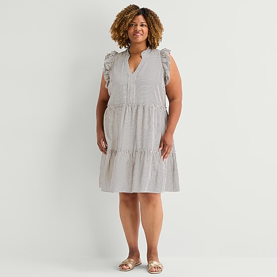 5th + Madison Edit Womens Plus Sleeveless Striped Shirt Dress