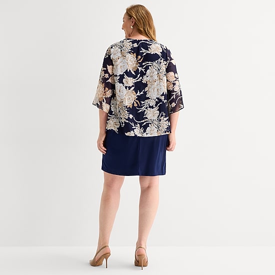 Sandra Darren Womens Plus Floral Faux-Jacket Dress With Removable Necklace