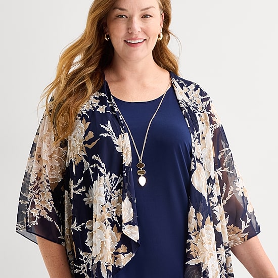 Sandra Darren Womens Plus Floral Faux-Jacket Dress With Removable Necklace