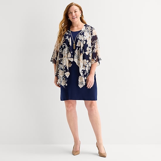 Sandra Darren Womens Plus Floral Faux-Jacket Dress With Removable Necklace