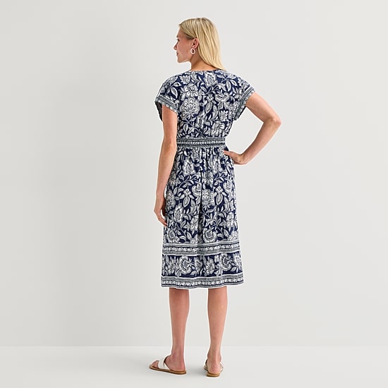 5th + Madison Edit Womens Petite Midi V Neck Sleeveless Cuffed Abstract Fit + Flare Dress