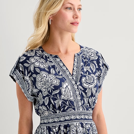 5th + Madison Edit Womens Petite Midi V Neck Sleeveless Cuffed Abstract Fit + Flare Dress