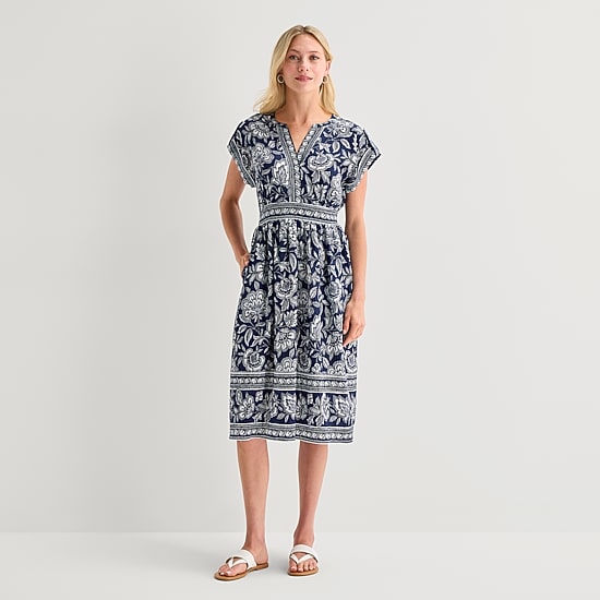 5th + Madison Edit Womens Petite Midi V Neck Sleeveless Cuffed Abstract Fit + Flare Dress
