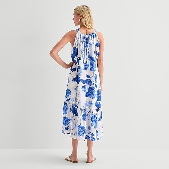 5th + Madison Edit Womens Petite Midi Round Neck Sleeveless Floral Fit + Flare Dress