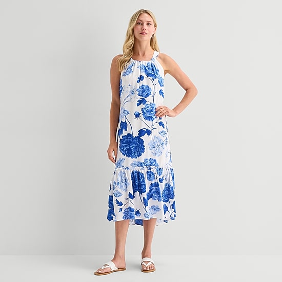 5th + Madison Edit Womens Petite Midi Round Neck Sleeveless Floral Fit + Flare Dress