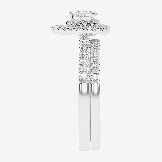 Womens 1/2 CT. T.W. Natural White Diamond 10K Gold Pear Side Stone Halo Bridal Set