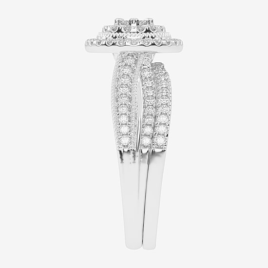 Womens 1/2 CT. T.W. Natural White Diamond 10K Gold Round Side Stone Halo Bridal Set