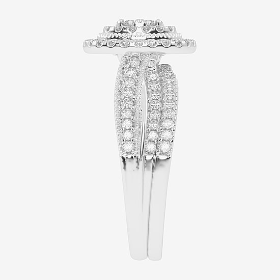 Womens 1/2 CT. T.W. Natural White Diamond 10K Gold Oval Side Stone Halo Bridal Set