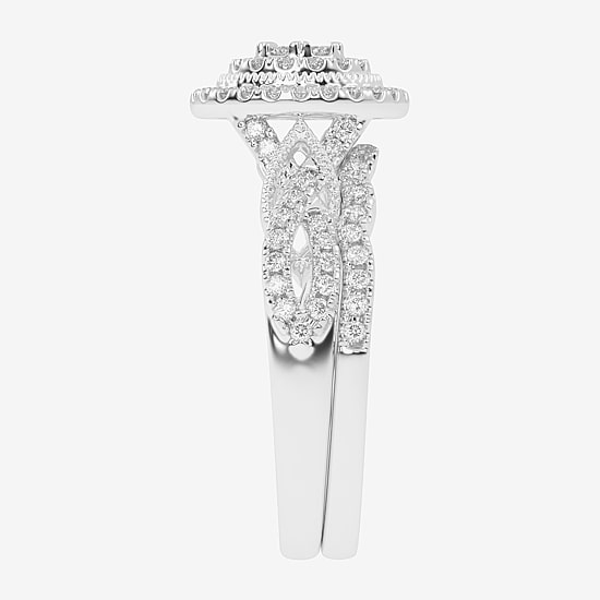 Womens 1/2 CT. T.W. Natural White Diamond 10K Gold Round Side Stone Halo Bridal Set